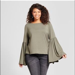 New AVA & VIV Olive Plus Size Bell Sleeve Top [D6]